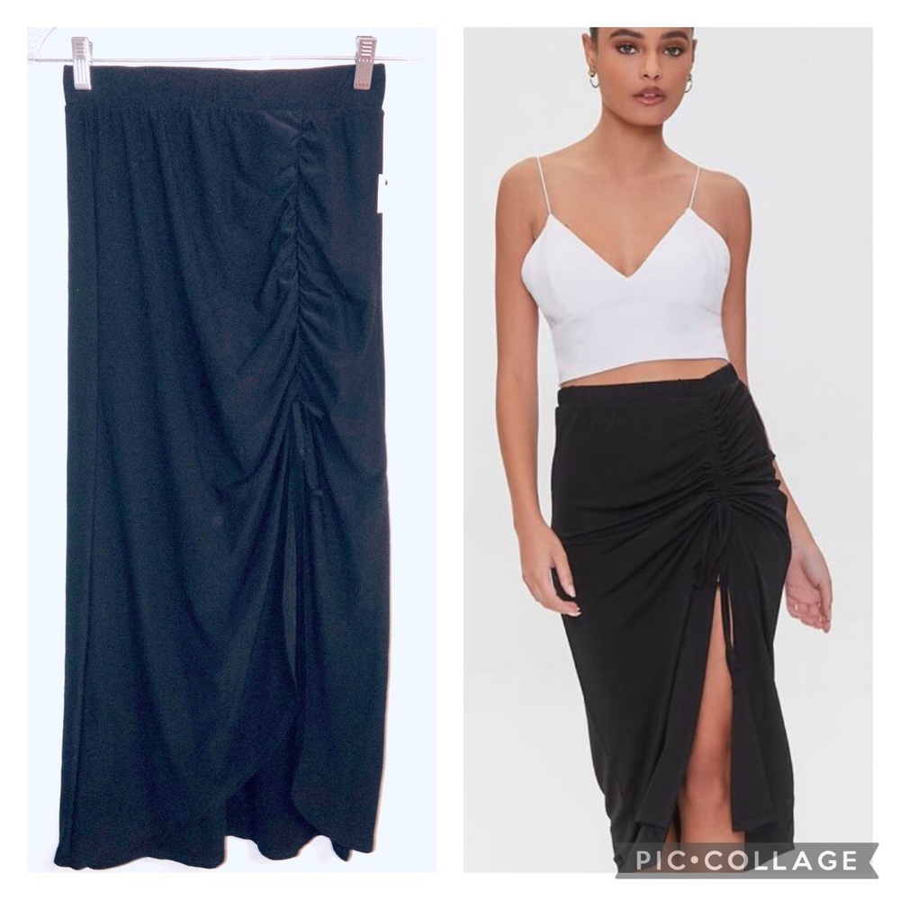 Black Ruched Faux Wrap Maxi Skirt